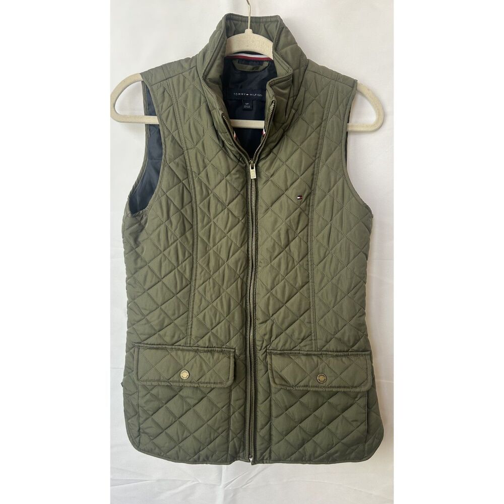 Tommy Hilfiger Women's Olive Green Diamond Quilted Vest Small Flap Pockets